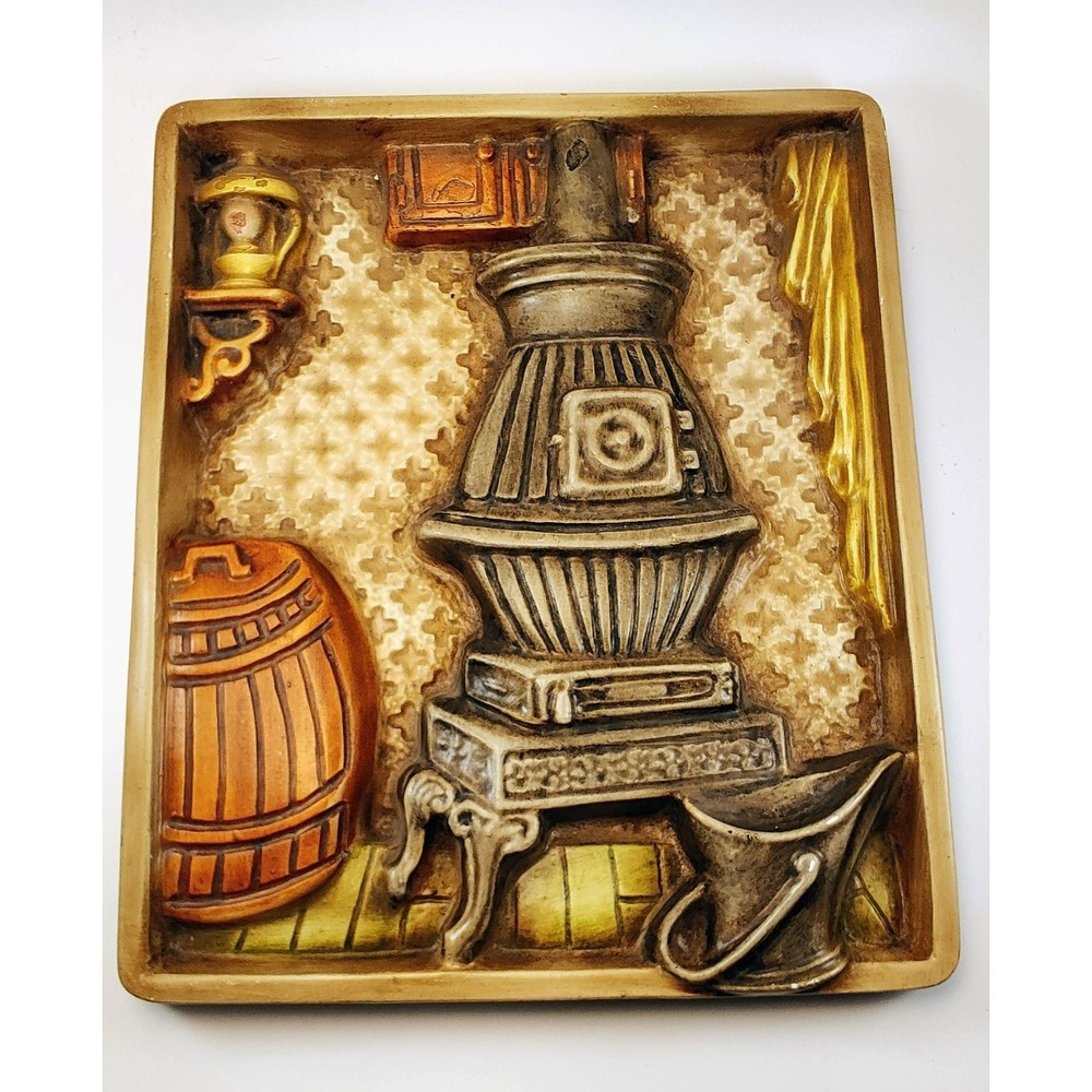 Vintage Chalkware Plaster Wall Plaque Pot Belly Stove Art